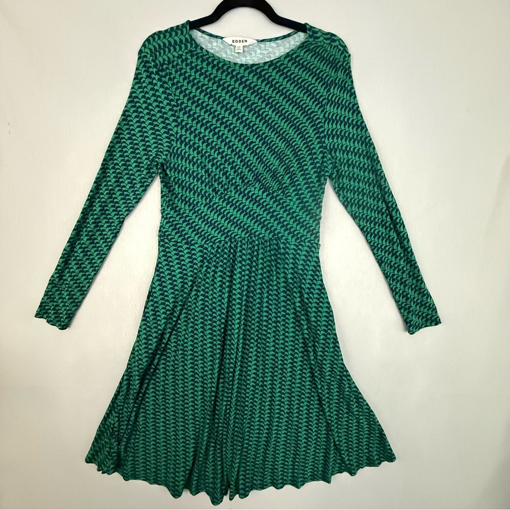 Boden Dress Women's‎ 10R Green Patterned Long Sleeve Fit and Flare
